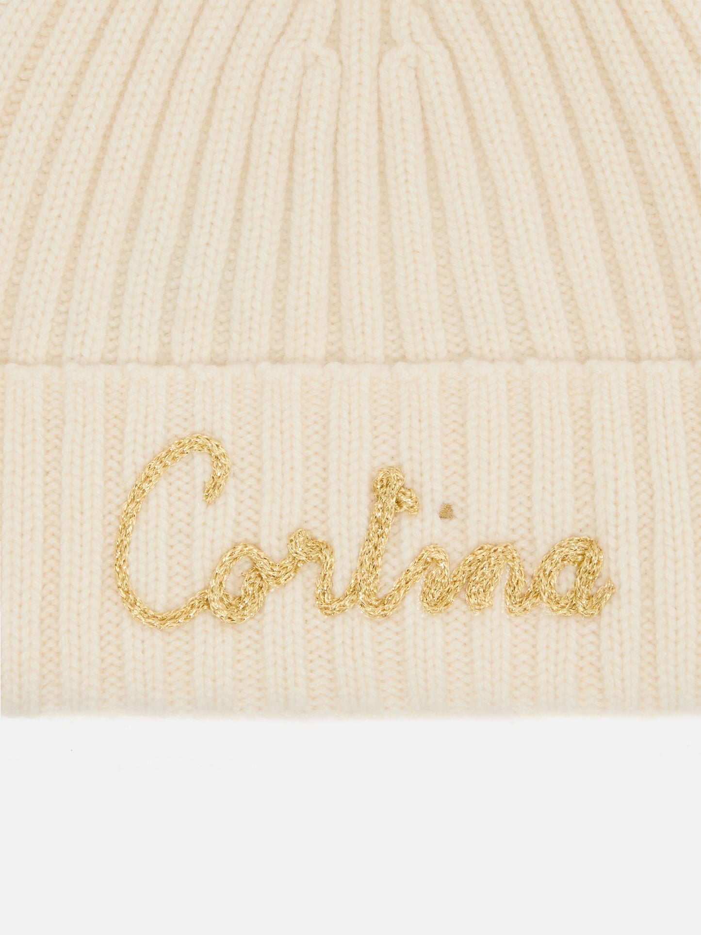 Wengen beanie in cashmere blend in white with lurex Cortina embroidery and pom-pom