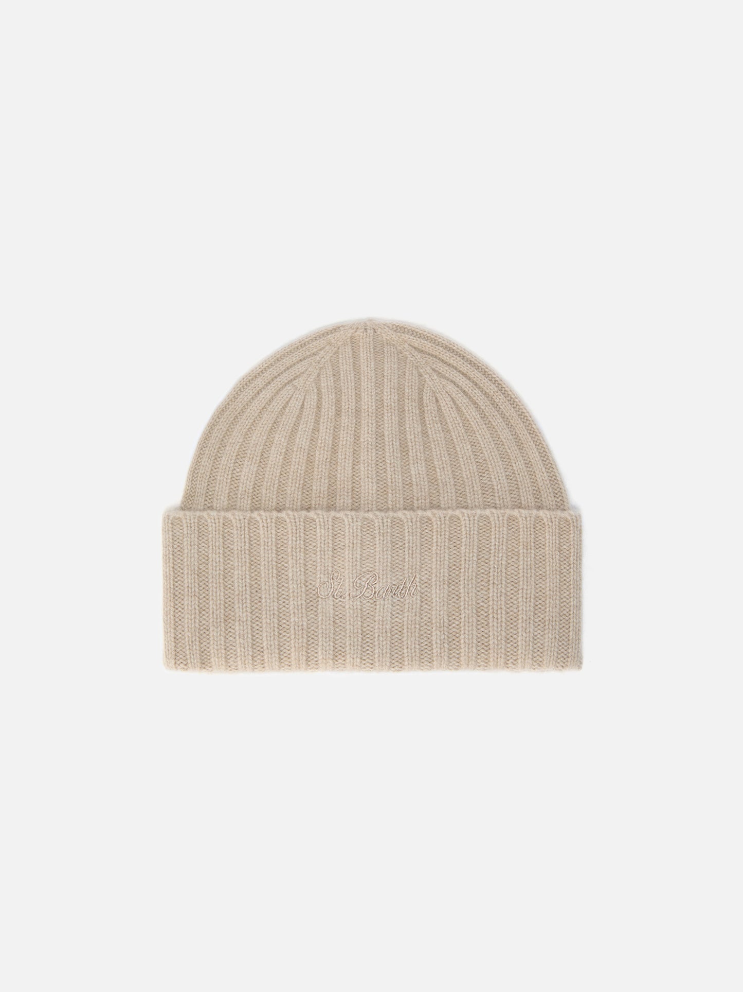 Wengen beanie in cashmere in khaki with St. Barth embroidery on the turn-up