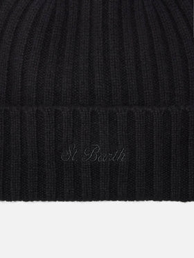 Berretto  Wengen in cashmere nero con Ricamo St. Barth sul risvolto