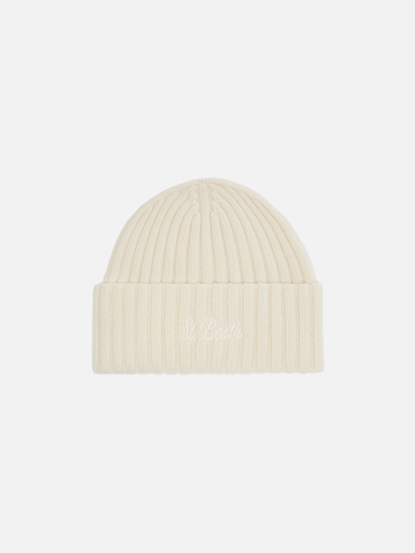 Wengen beanie in white with St. Barth embroidery on the turn-up