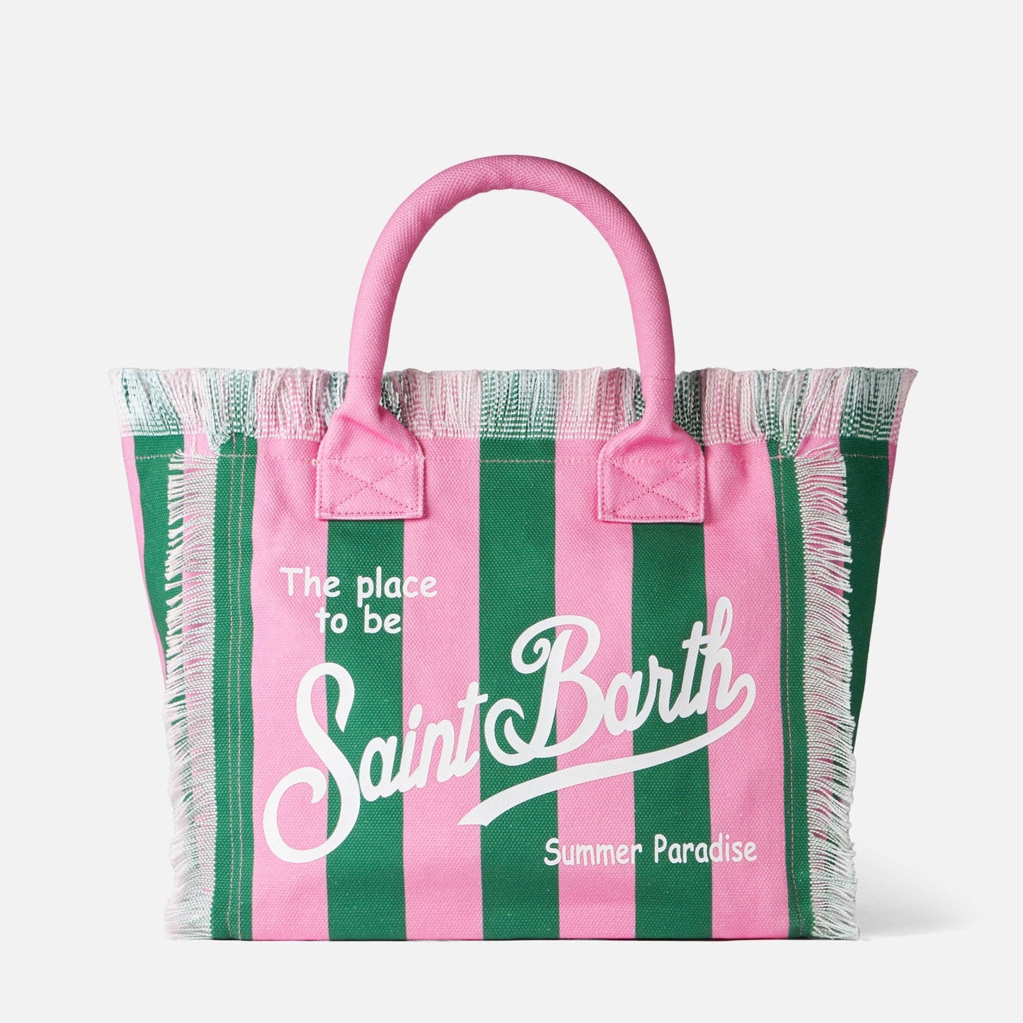 Vanity canvas shoulder bag with pink and green stripes