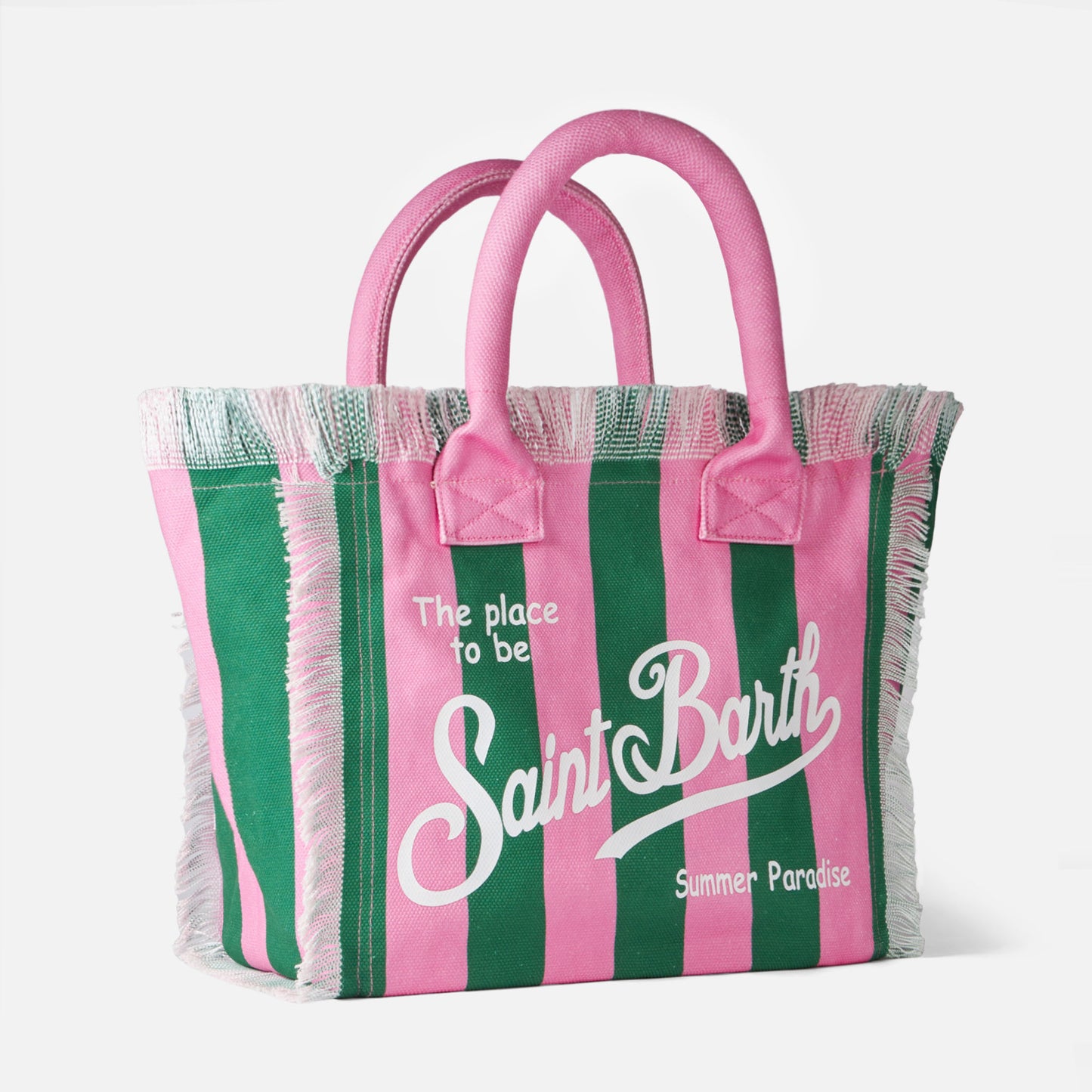 Vanity canvas shoulder bag with pink and green stripes