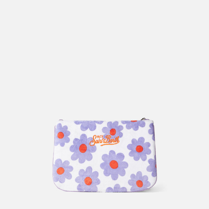 Pouch in spugna Parisienne con stampa margherite viola e arancio