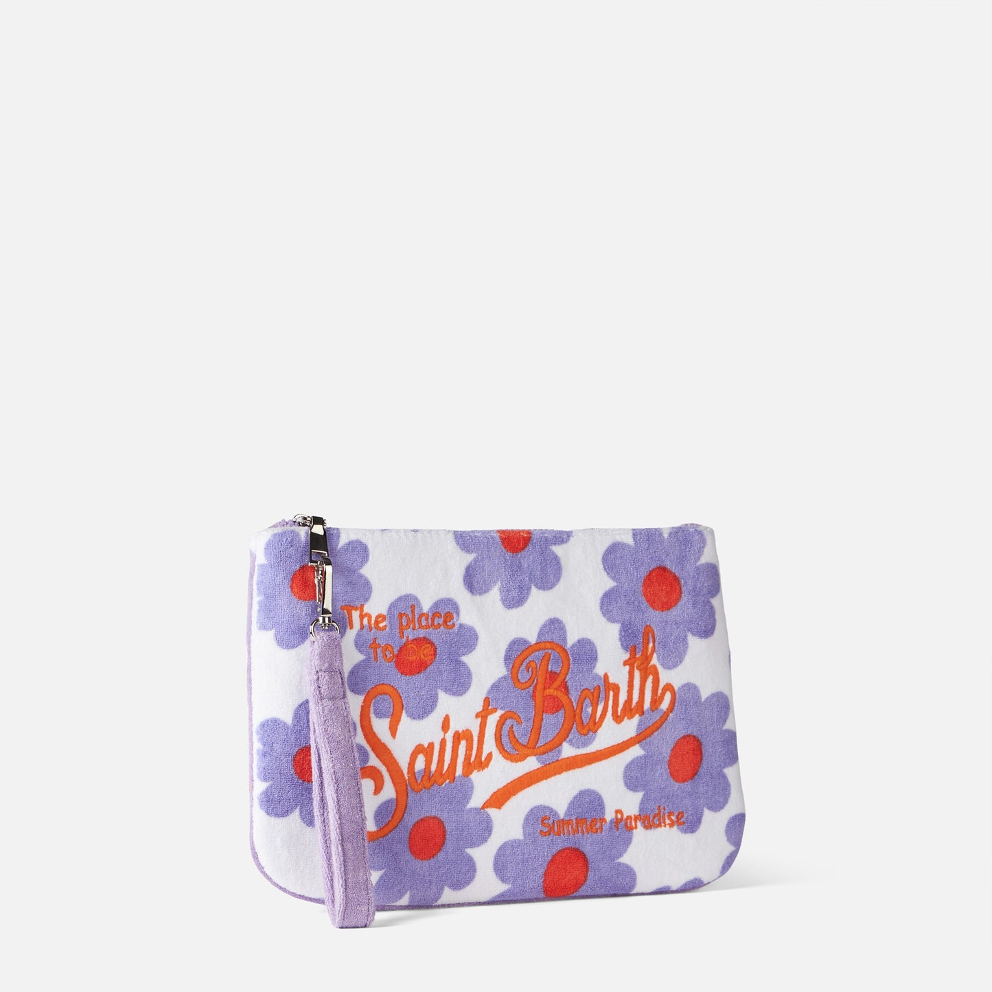Pouch in spugna Parisienne con stampa margherite viola e arancio