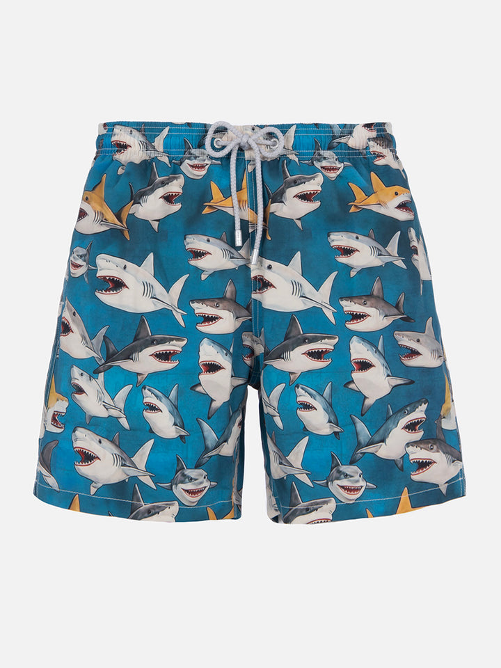 Man mid-length Gustavia swim-shorts with shark print | AI CO-CREATED DESIGN BY RICKDICK - POWERED BY RED-EYE - MC2 Saint Barth