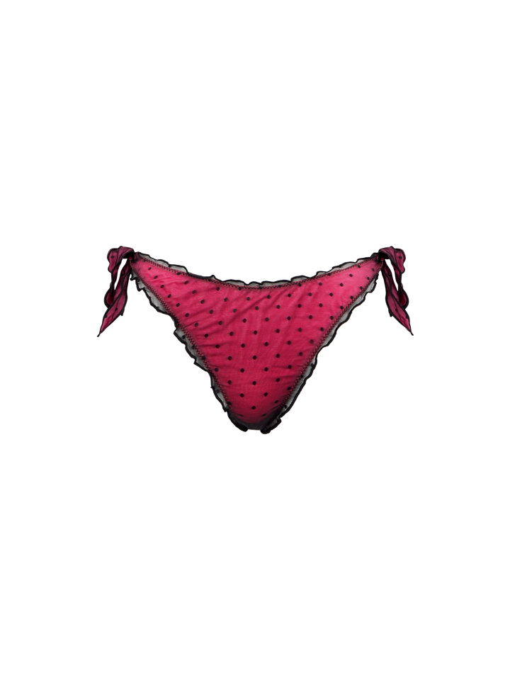 Shiny fucsia bikini with black polka dot tulle