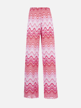 Pantalon rose femme à jambe large en maille raschel Amalia 
