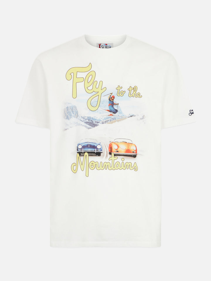 Herren-T-Shirt aus schwerer Baumwolle mit Aufdruck „Berge und Autos“.