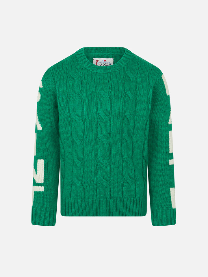 Boy green cable knit sweater Bergen Jr with Saint Barth jacquard - MC2 Saint Barth