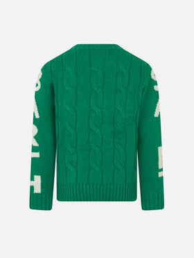 Boy green cable knit sweater Bergen Jr with Saint Barth jacquard - MC2 Saint Barth