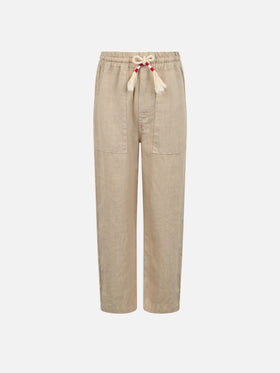 Boy beige linen Calais Jr pants with drawstring - MC2 Saint Barth