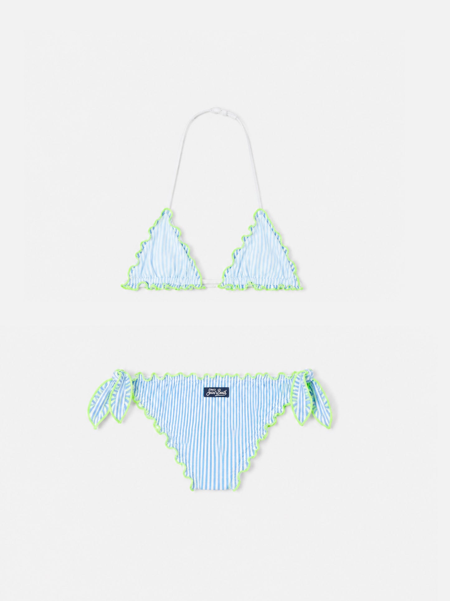 Bikini de triángulo para niña en seersucker con rayas 