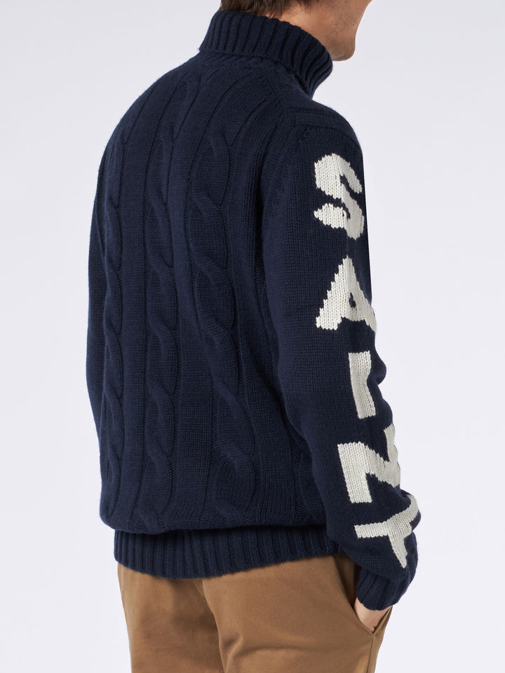 Man navy blue cable knit sweater Fisherman with Saint Barth jacquard - MC2 Saint Barth