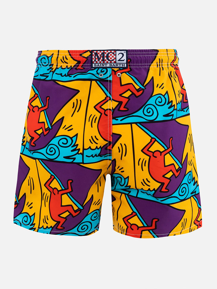 Man mid-length Gustavia swim-shorts with Keith Haring design placed print| KEITH HARING SPECIAL EDITION - MC2 Saint Barth