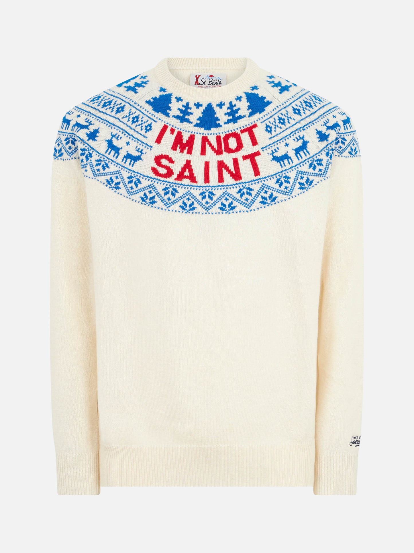 Man sweater with I'm not Saint lettering