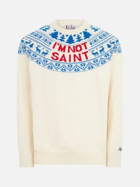 Man sweater with I'm not Saint lettering