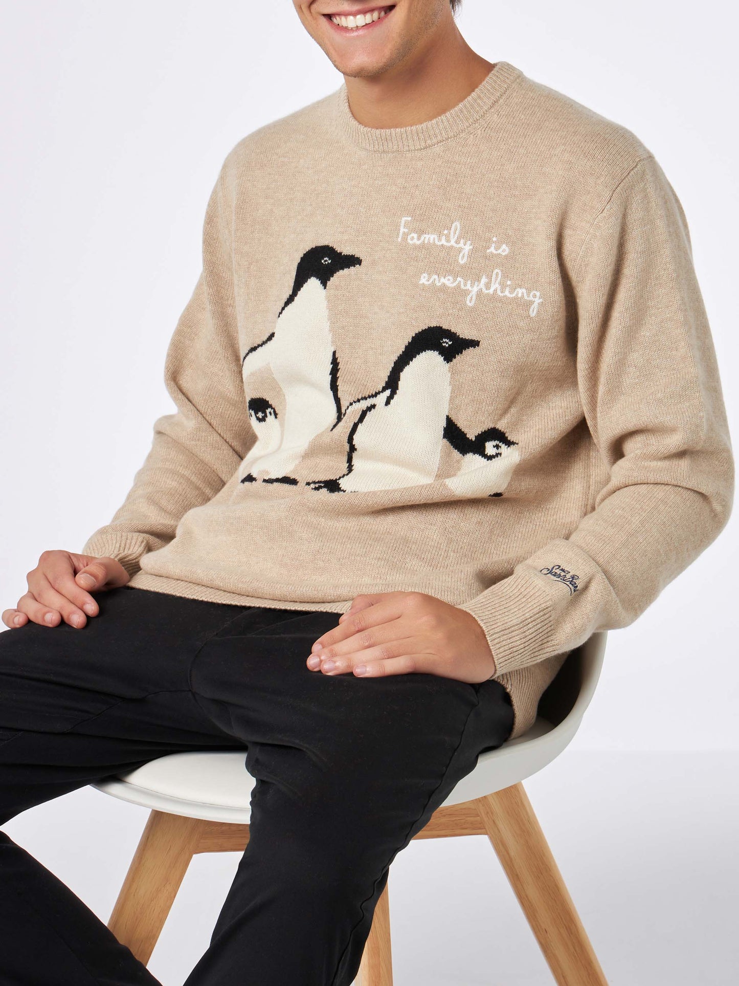 Man sweater with penguins print and Family is everything embroidery
