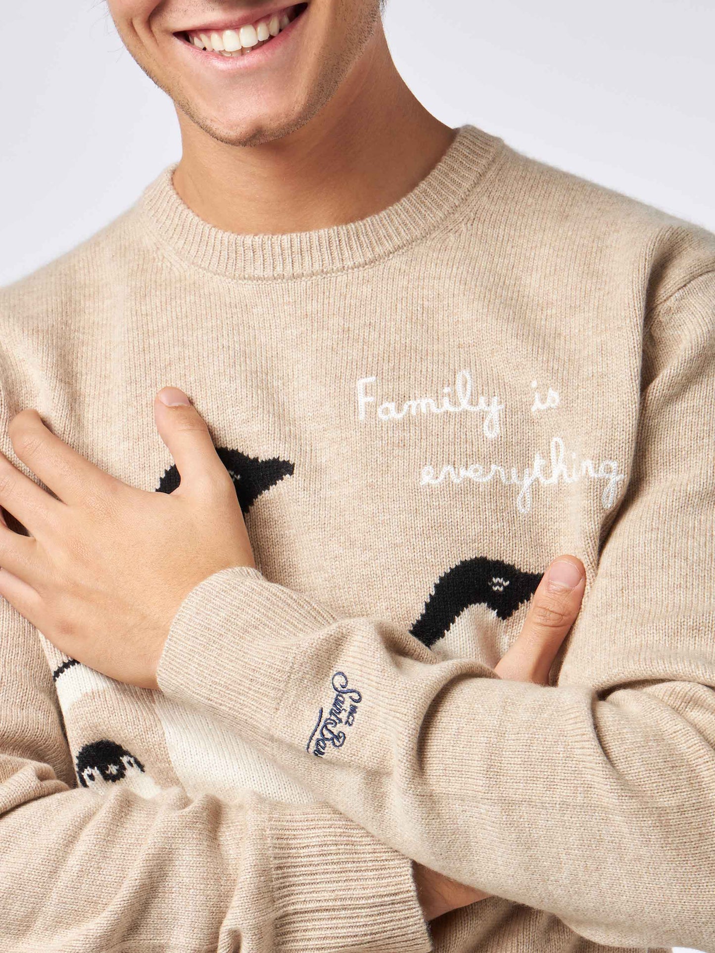 Man sweater with penguins print and Family is everything embroidery