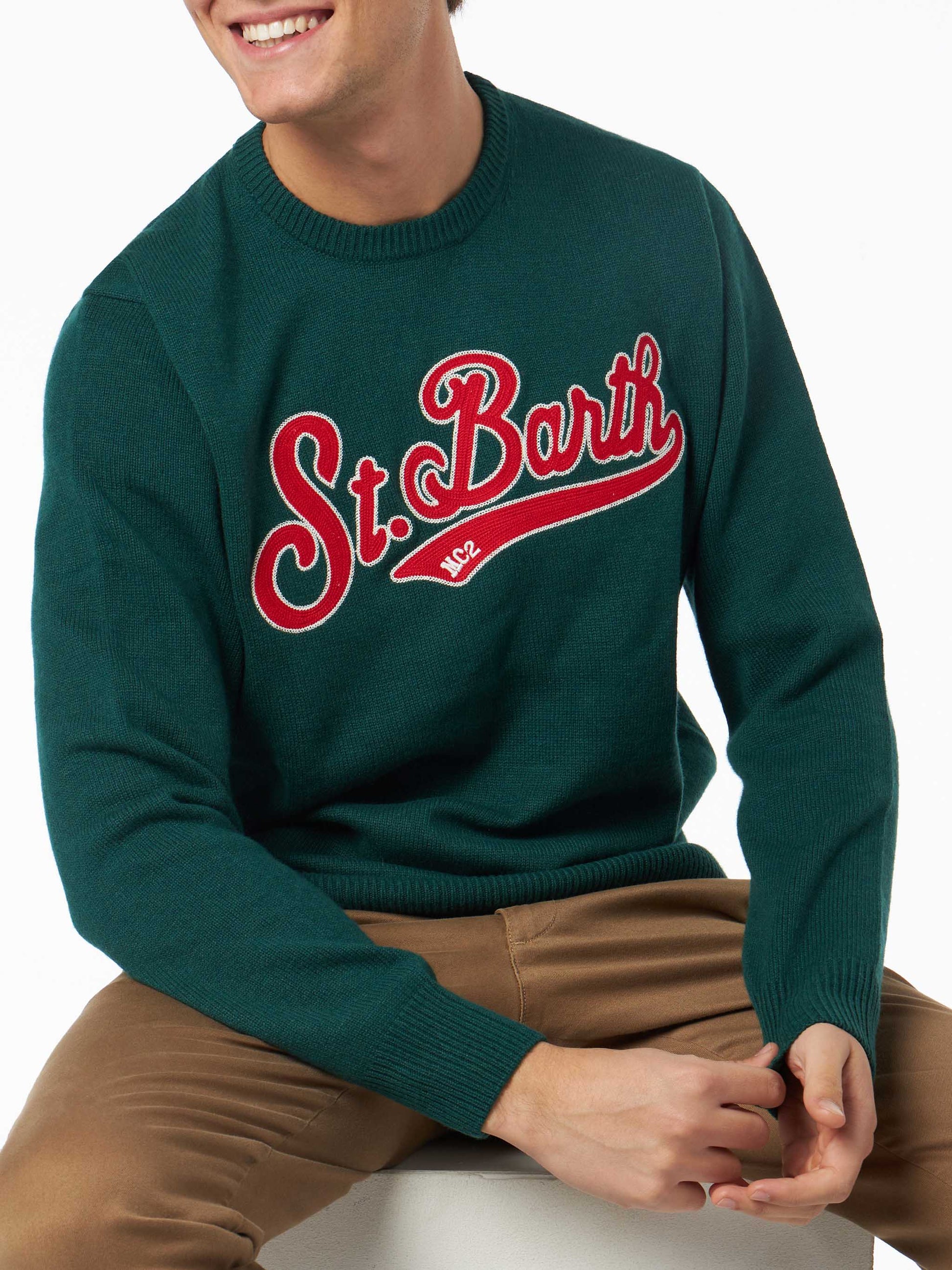 Man crewneck green sweater with St. Barth embroidery - MC2 Saint Barth