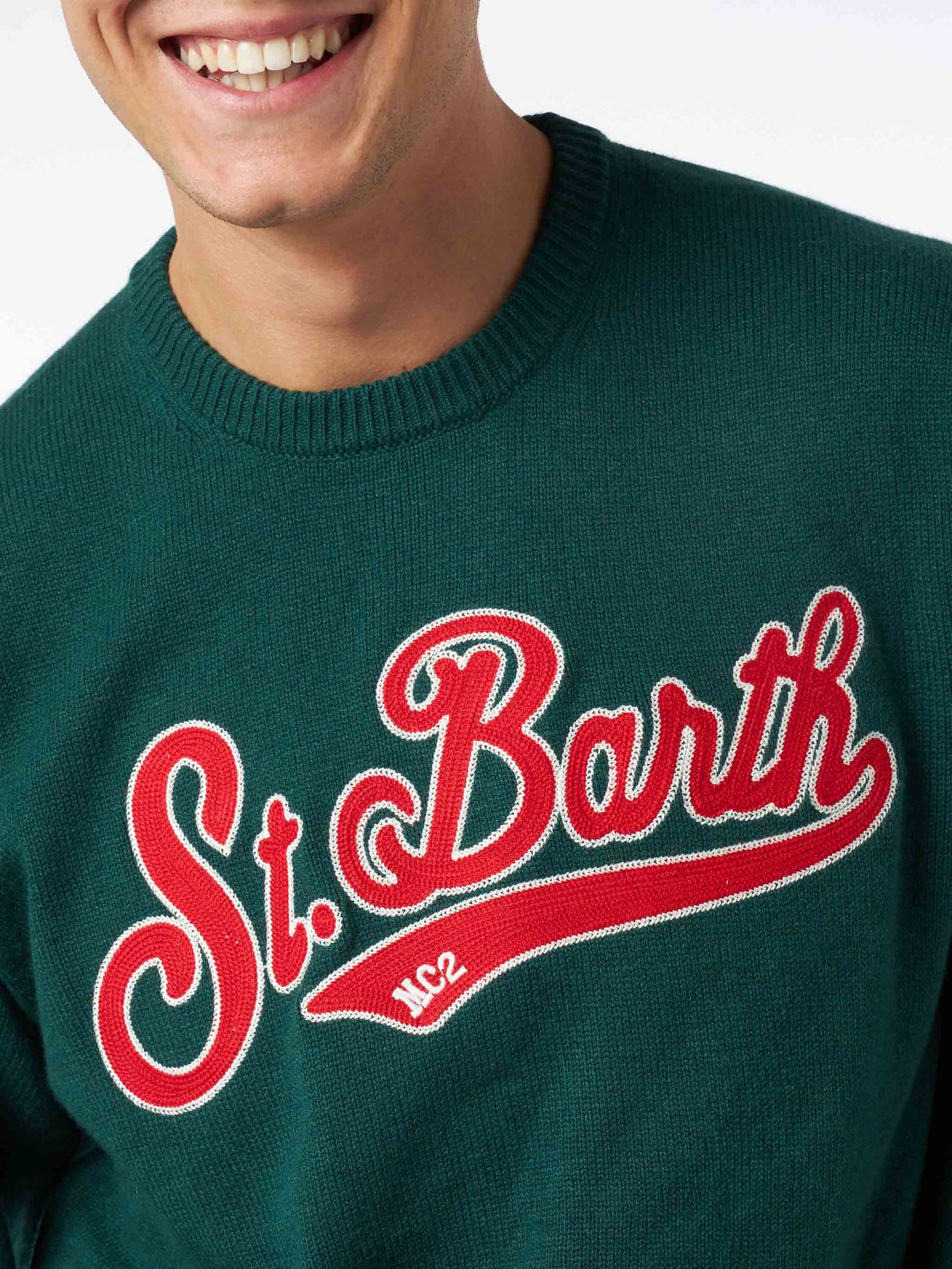 Man crewneck green sweater with St. Barth embroidery - MC2 Saint Barth