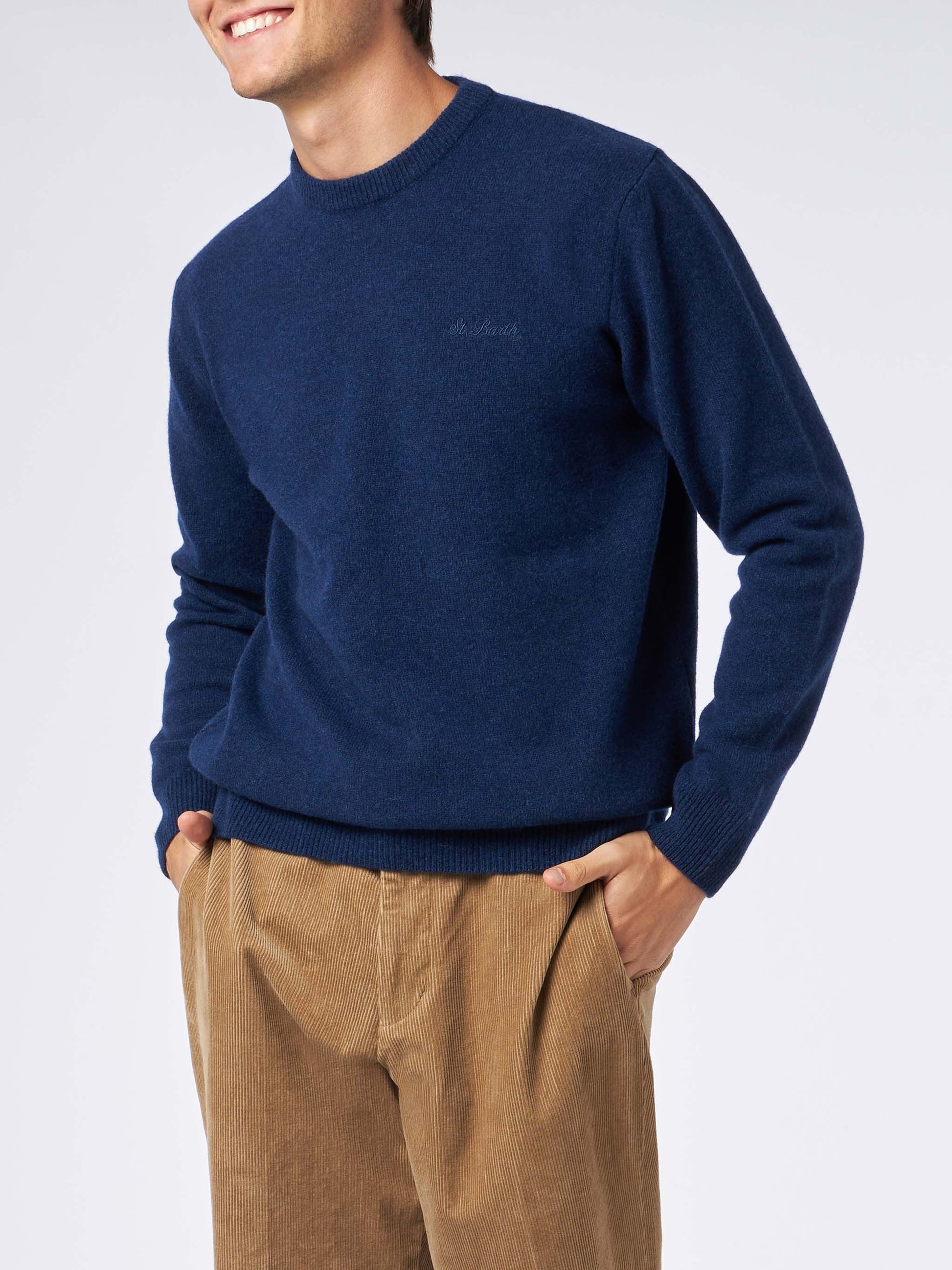 Man crewneck blue sweater with St. Barth embroidery - MC2 Saint Barth