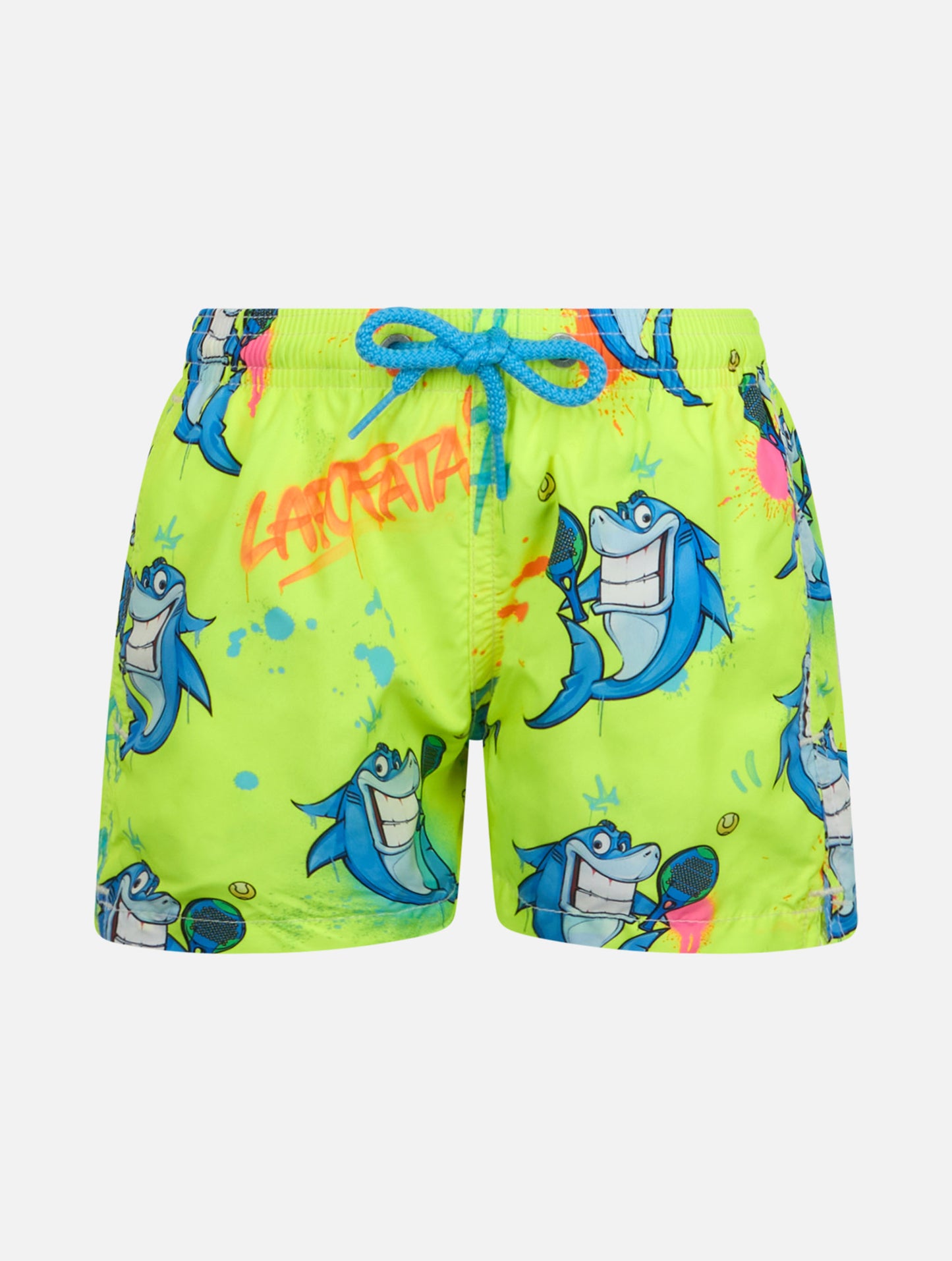 Bañador short de niño en tejido ligero Jean Lighting con estampado de tiburón crypto | CRYPTOPUPPETS SPECIAL EDITION 