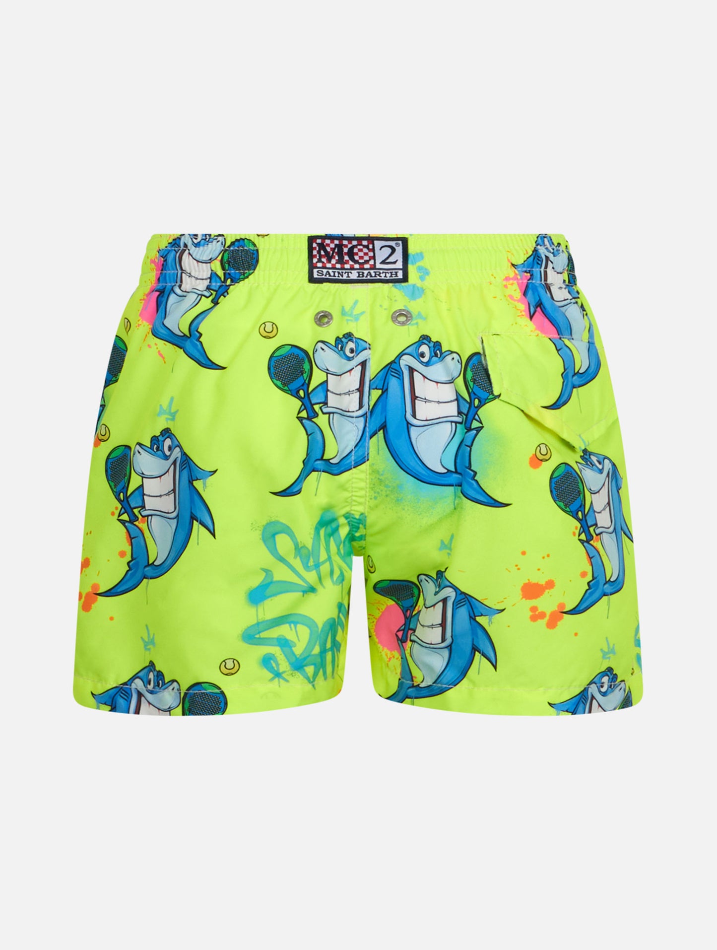 Bañador short de niño en tejido ligero Jean Lighting con estampado de tiburón crypto | CRYPTOPUPPETS SPECIAL EDITION 