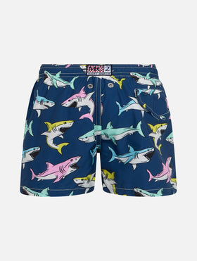 Boy lightweight fabric swim-shorts Jean Lighting with sharks print - MC2 Saint Barth