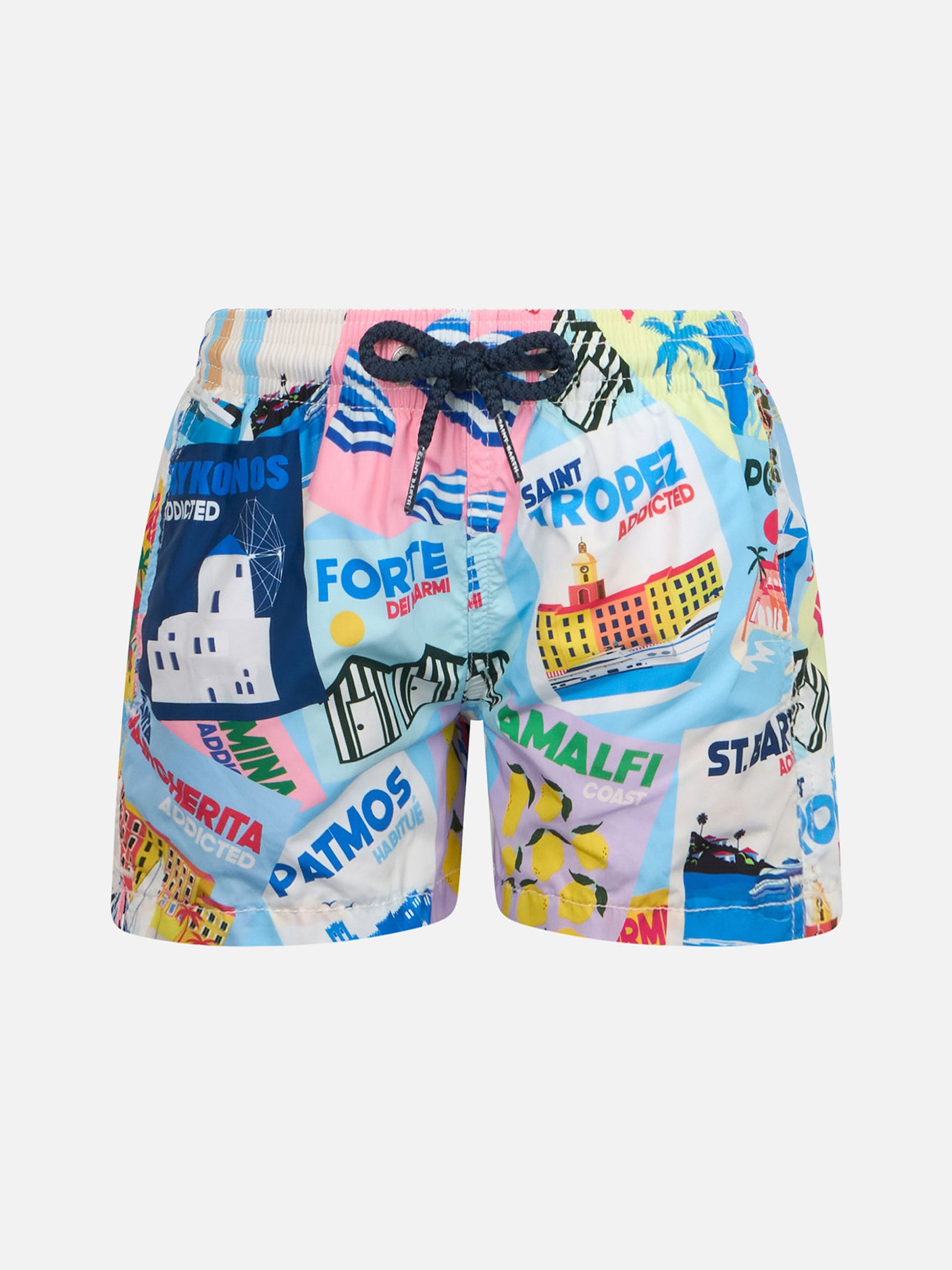 Boy lightweight fabric swim-shorts Jean Lighting with postcard print - MC2 Saint Barth