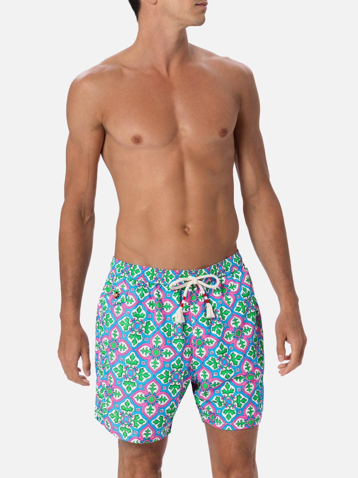 Man lightweight fabric swim-shorts Lighting 70 with majolica print - MC2 Saint Barth