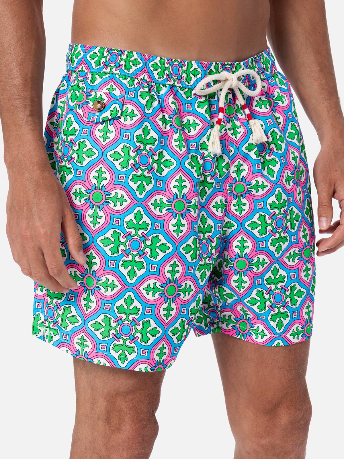 Man lightweight fabric swim-shorts Lighting 70 with majolica print - MC2 Saint Barth