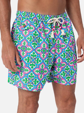 Man lightweight fabric swim-shorts Lighting 70 with majolica print - MC2 Saint Barth