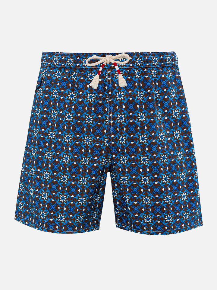 Man lightweight fabric swim-shorts Lighting 70 with majolica print - MC2 Saint Barth