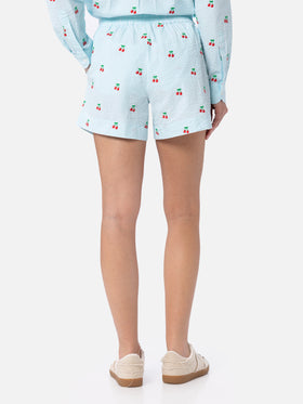 Woman seersucker striped pull up shorts Meave with cherry patches - MC2 Saint Barth