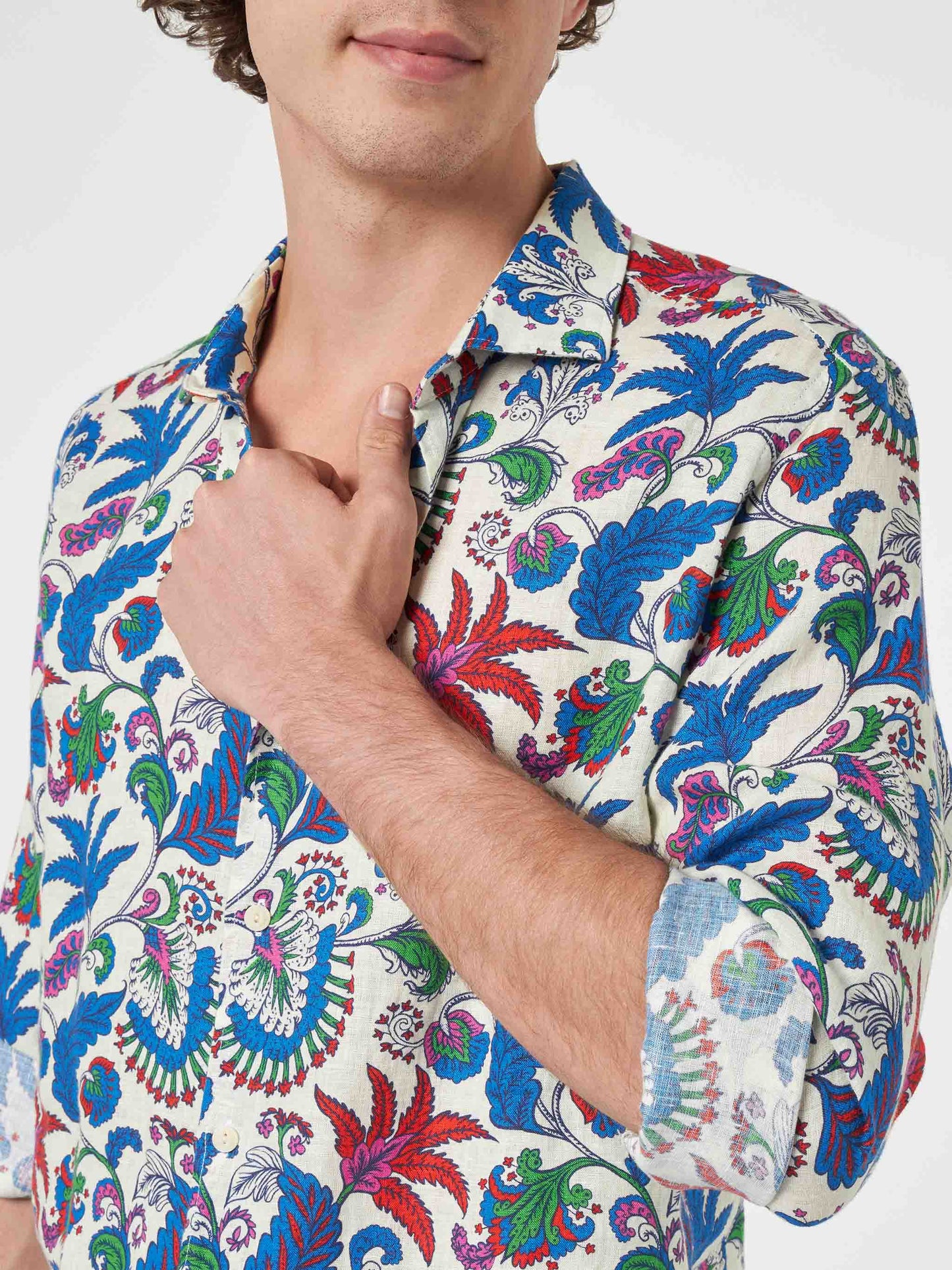 Man navy blue linen shirt Pamplona with flower print - MC2 Saint Barth