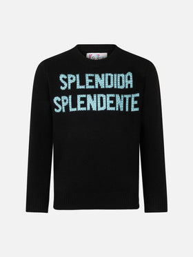 Girl crewneck black sweater with Splendida Splendente rhinestones print | NIKI DJ SPECIAL EDITION - MC2 Saint Barth