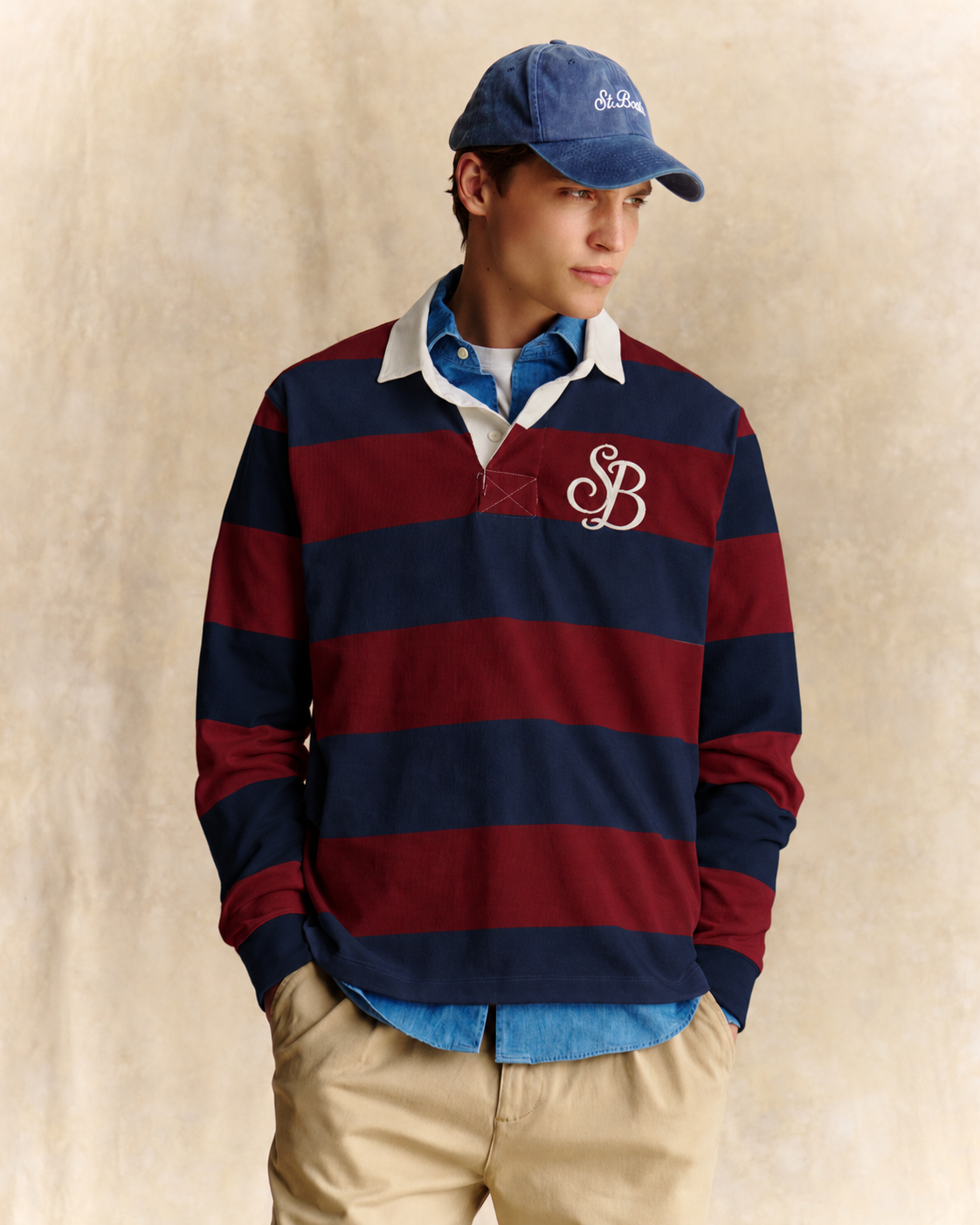 Polo de rugby Quarterback en coton à rayures navy blue et bordeaux avec monogramme SB Legacy 