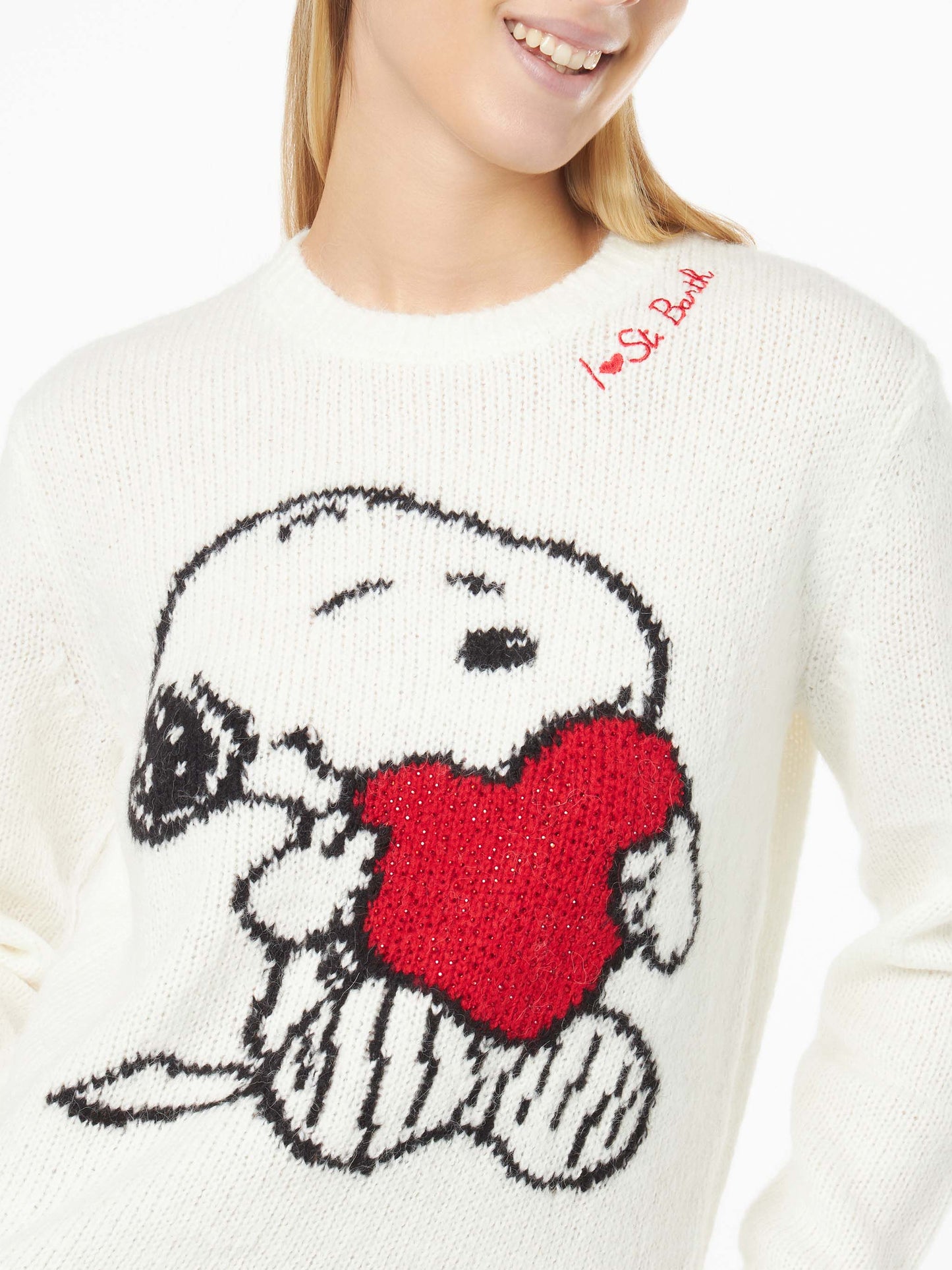 Woman sweater with Snoopy and Woodstock jacquard and rhinestones heart | SNOOPY PEANUTS™ SPECIAL EDITION