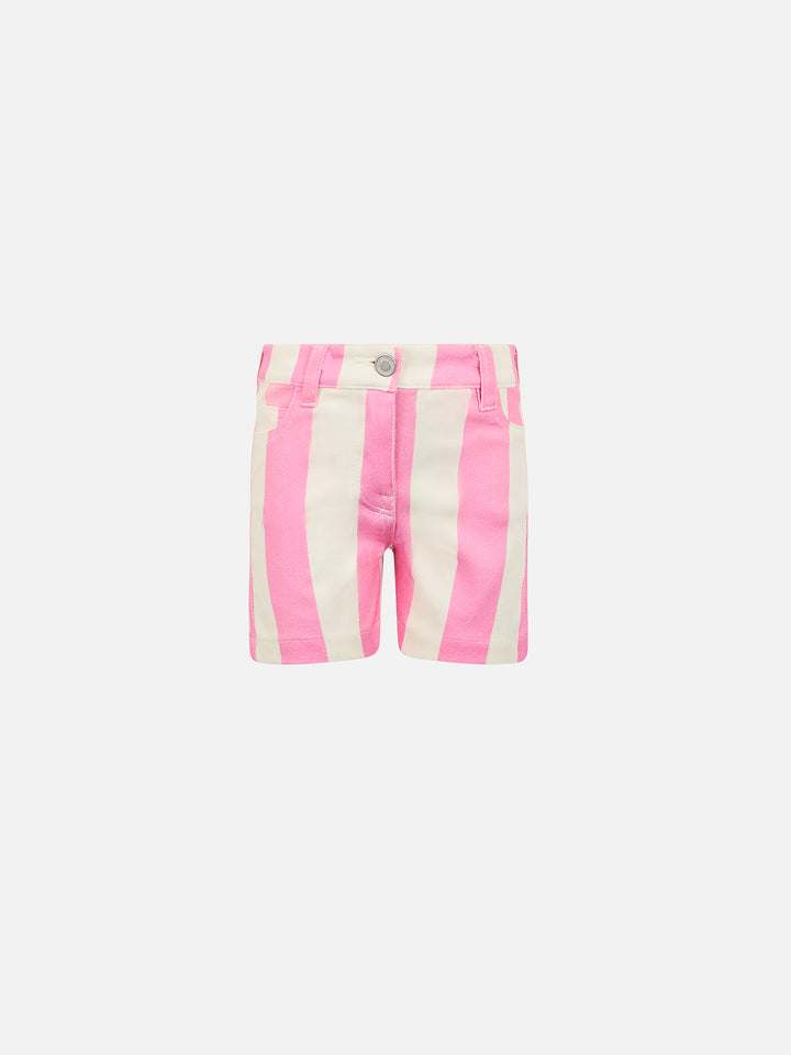 Girl pink striped print denim bermuda Cancun