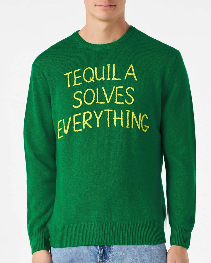 Man green sweater with Tequila solves everything embroidery - MC2 Saint Barth