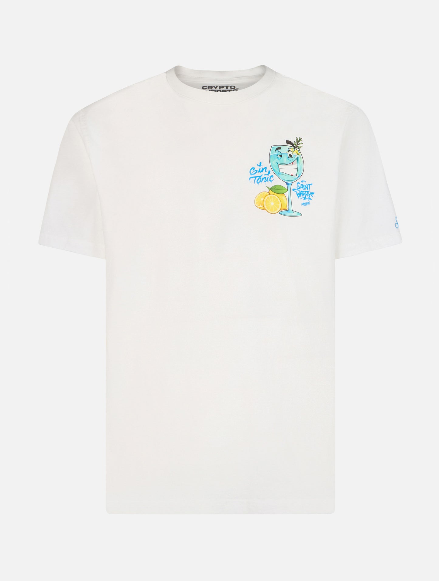 Man cotton t-shirt with Cryptopuppets Gin Tonic front and back placed print | CRYPTOPUPPETS SPECIAL EDITION - MC2 Saint Barth