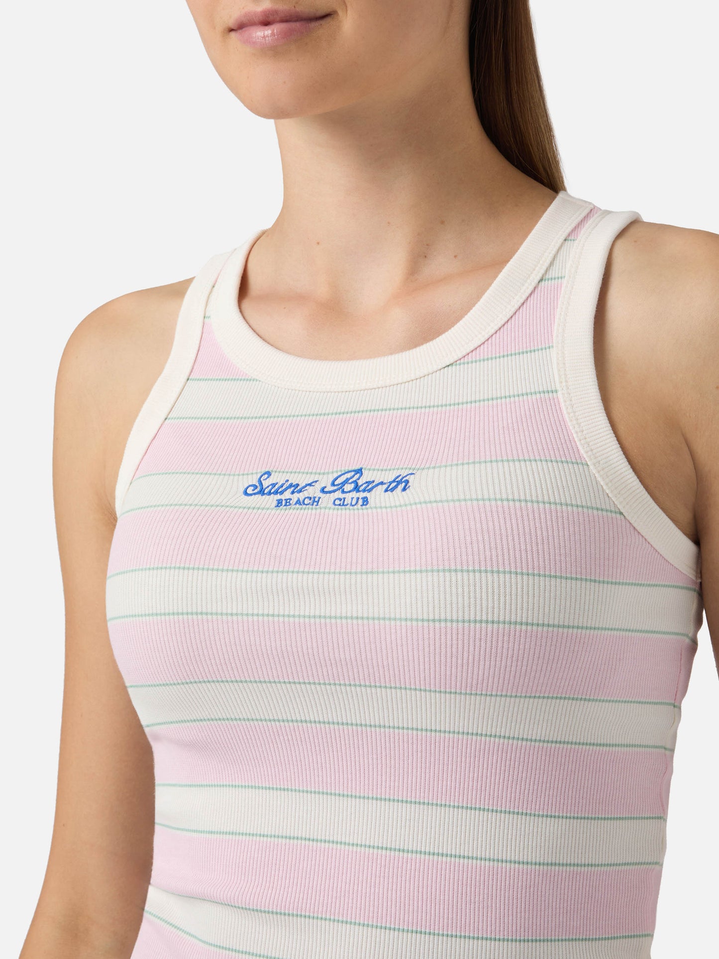 Débardeur Ada rayé rose avec broderie beach club 