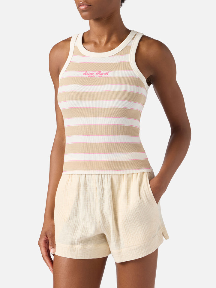 Beige striped Ada tank top with beach club embroidery