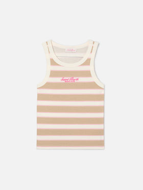 Débardeur Ada rayé beige avec broderie beach club 