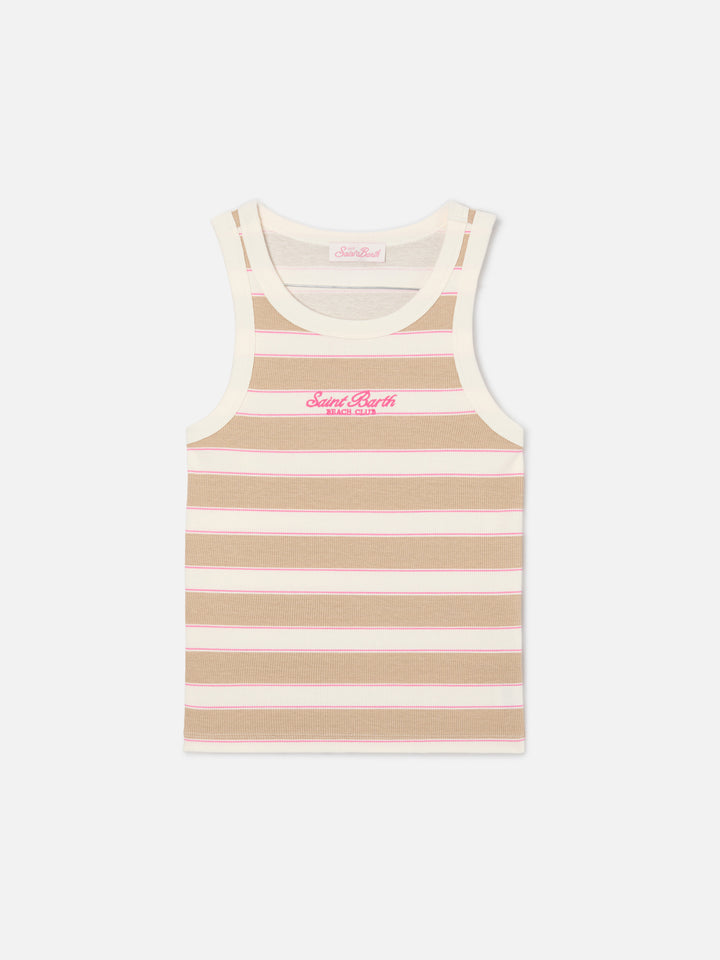 Top Blue Jr a righe beige e rosa con logo ricamato