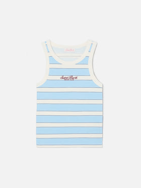 Camiseta de tirantes Ada a rayas azul claro con bordado beach club 