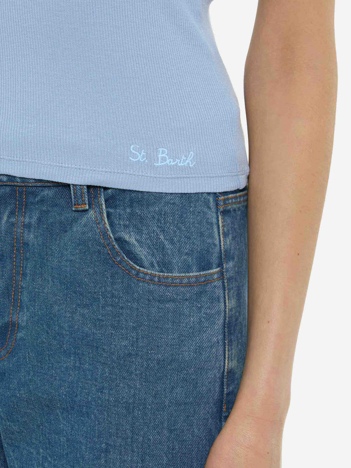 Ada dusty blue ribbed cotton tank top - MC2 Saint Barth