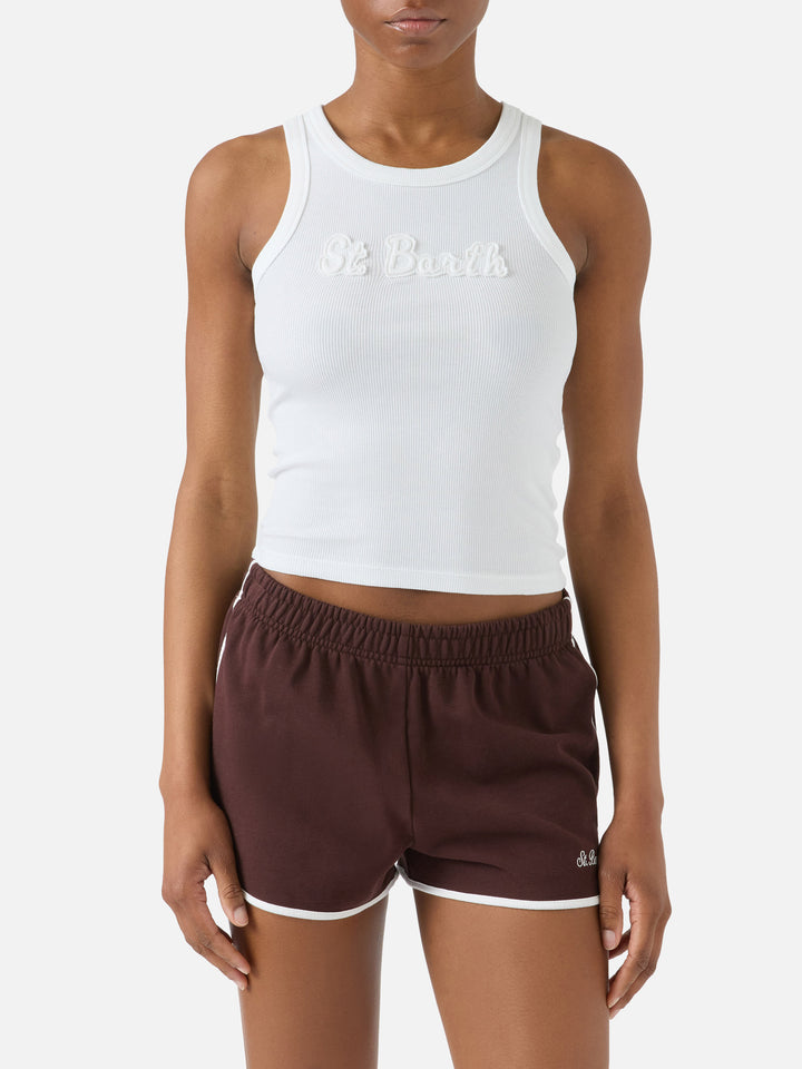 Ribbed white Ada tank top with raised logo patch