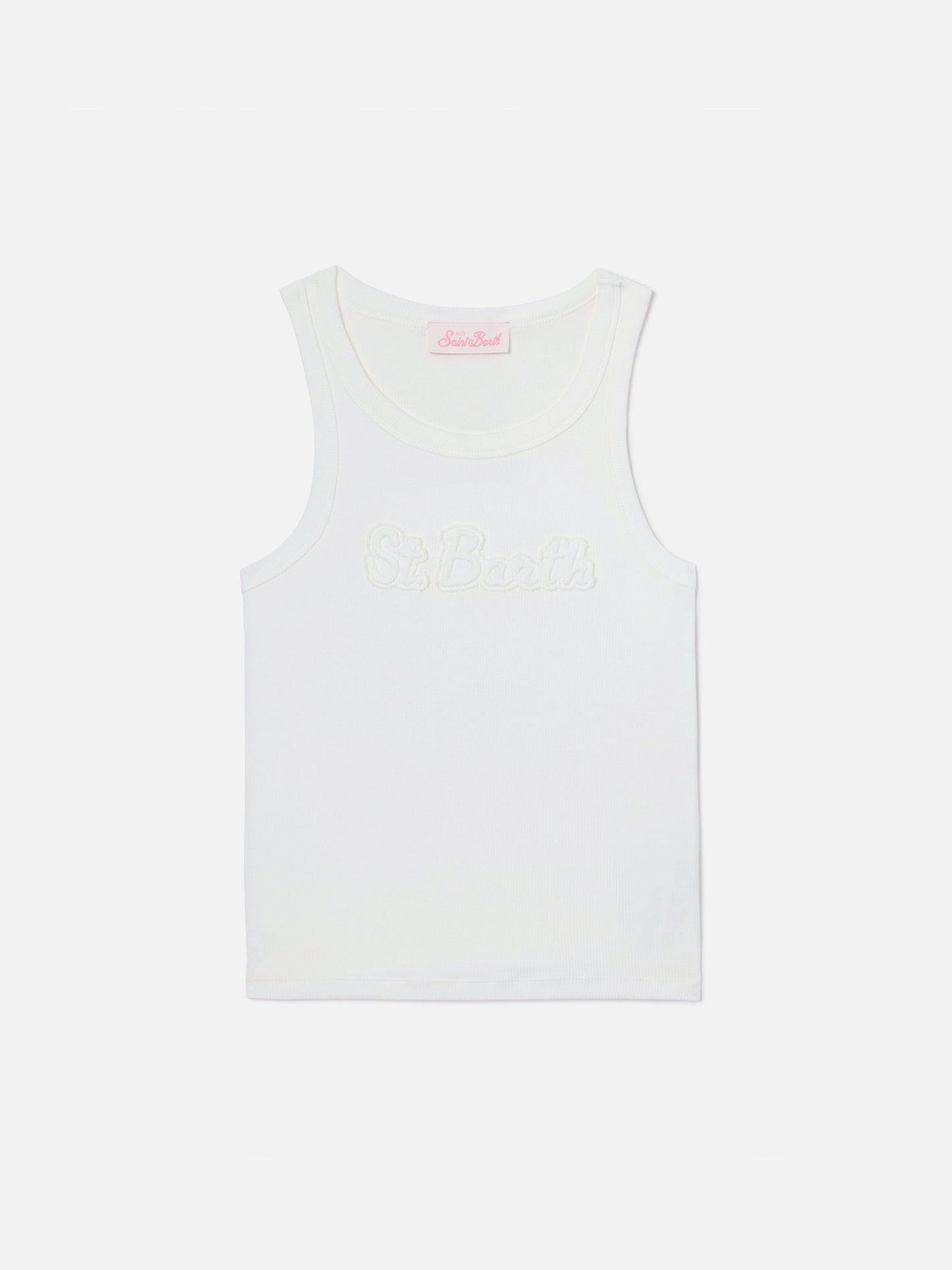 Ribbed white Ada tank top with raised logo patch