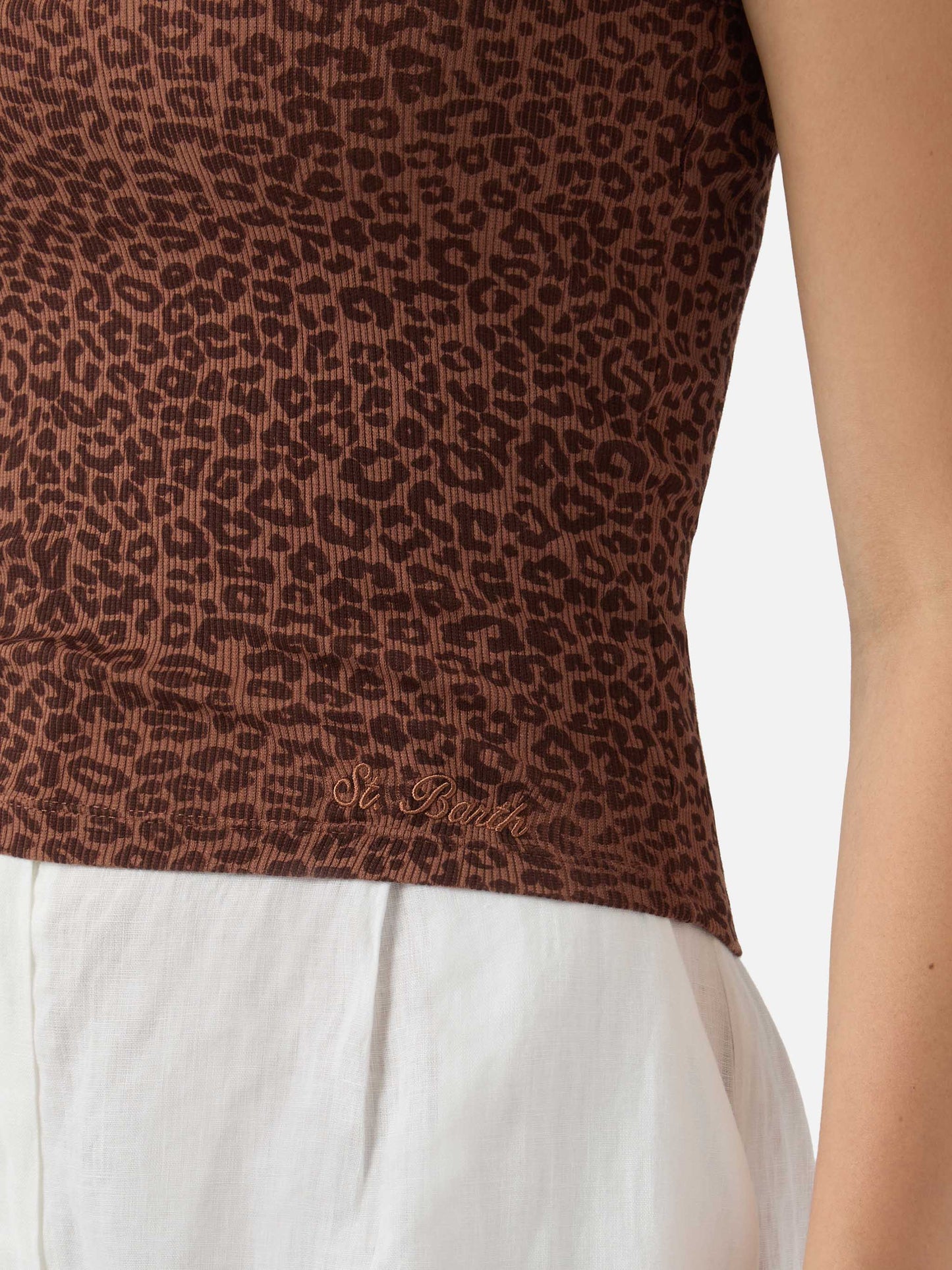 Leopard print ribbed Ada tank top with embroidery